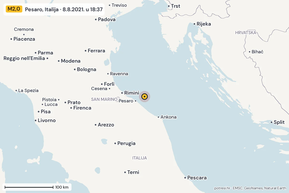 Karta: šire područje, 600 km, potres M2,0, Pesaro, Italija, 8.8.2021.