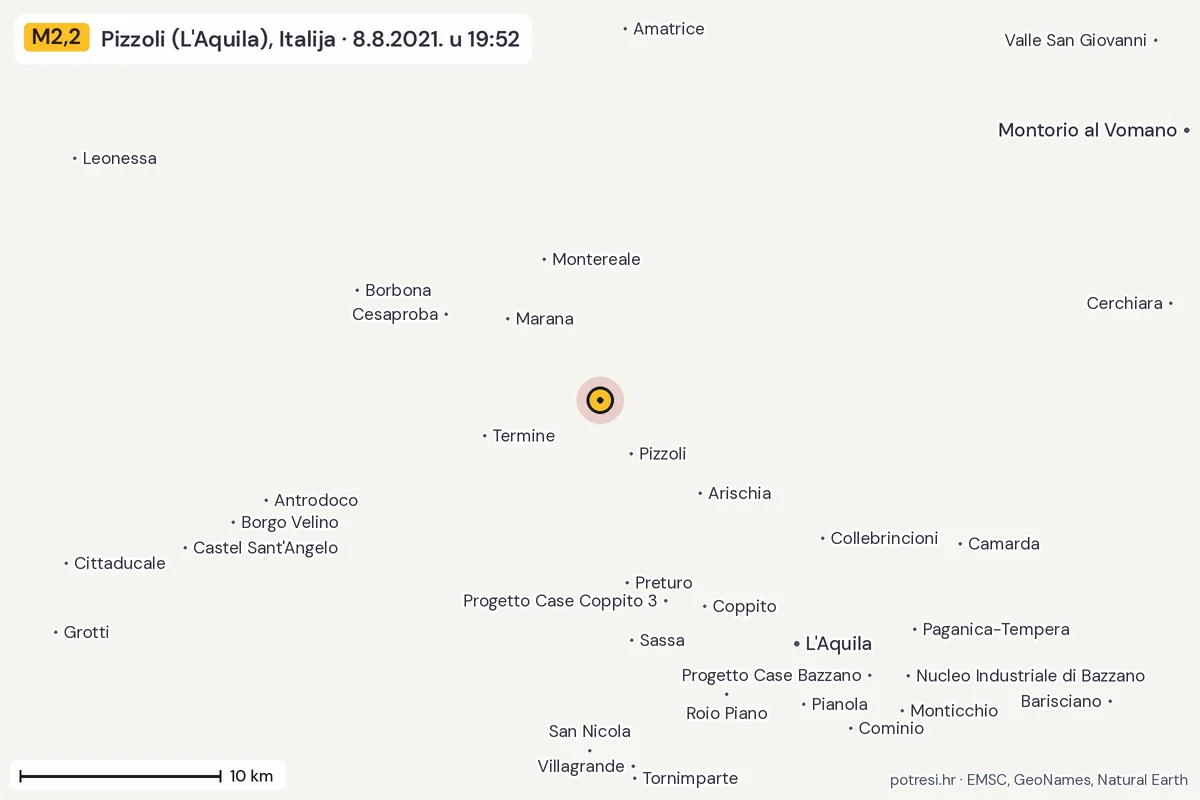Karta: okolica epicentra, 60 km, potres M2,2, Pizzoli (L'Aquila), Italija, 8.8.2021.