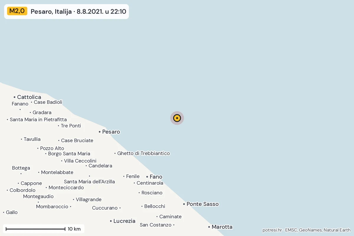 Karta: okolica epicentra, 60 km, potres M2,0, Pesaro, Italija, 8.8.2021.