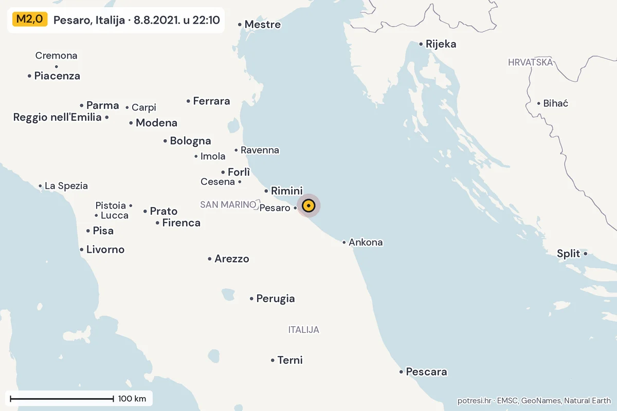 Karta: šire područje, 600 km, potres M2,0, Pesaro, Italija, 8.8.2021.