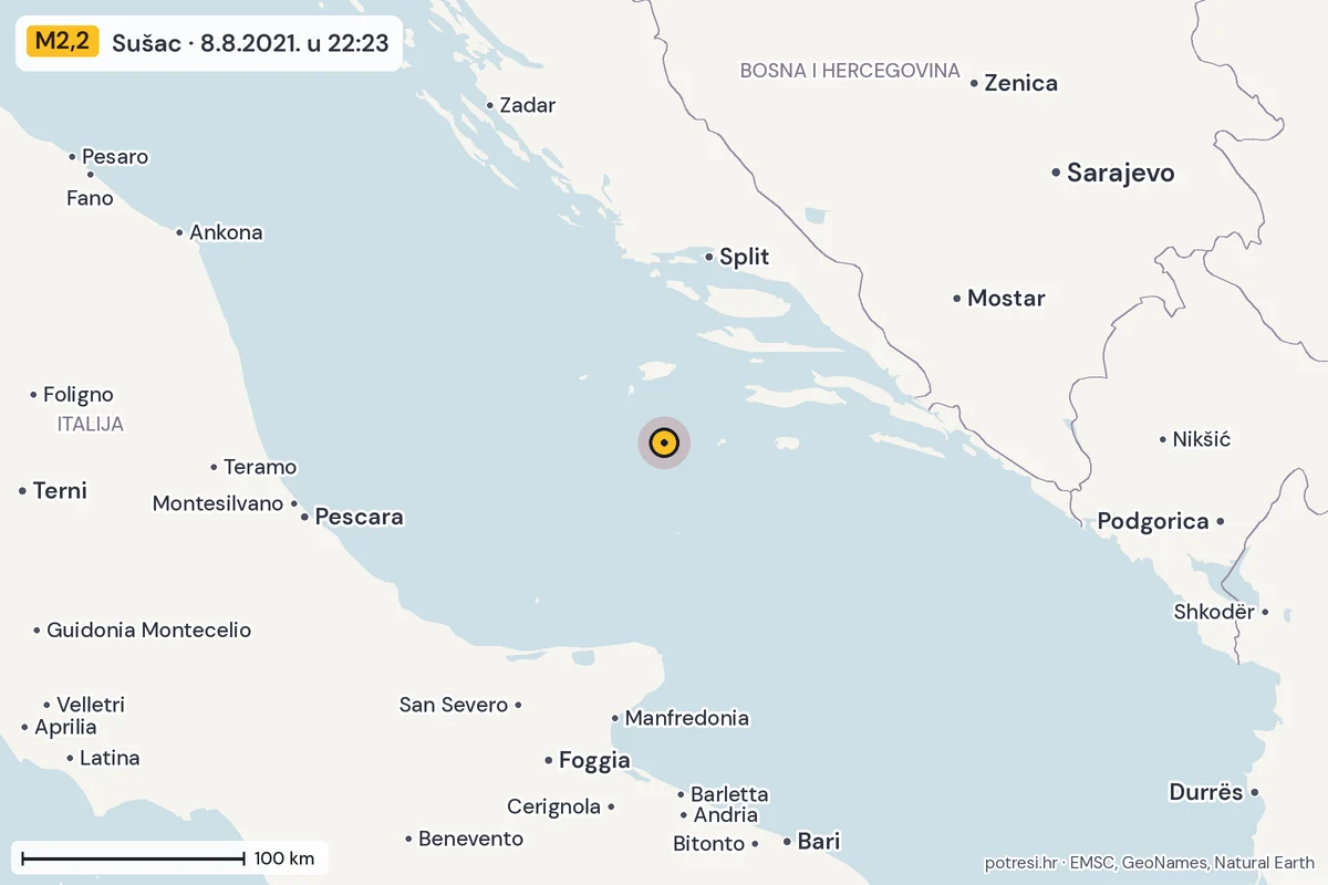 Karta: šire područje, 600 km, potres M2,2, Sušac, 8.8.2021.