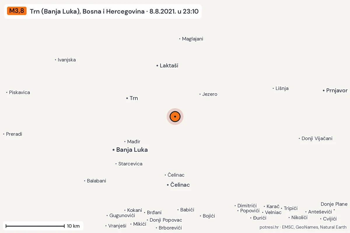 Karta: okolica epicentra, 60 km, potres M3,8, Trn (Banja Luka), Bosna i Hercegovina, 8.8.2021.