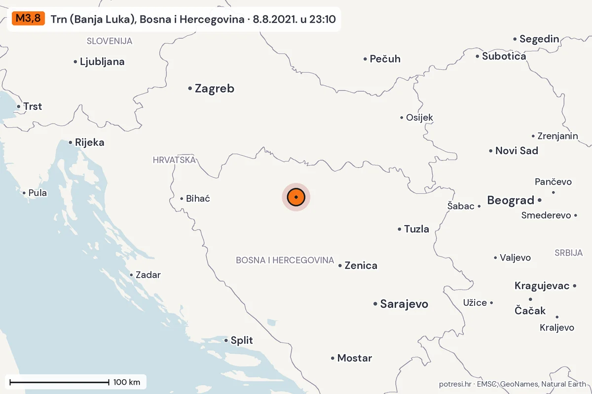 Karta: šire područje, 600 km, potres M3,8, Trn (Banja Luka), Bosna i Hercegovina, 8.8.2021.
