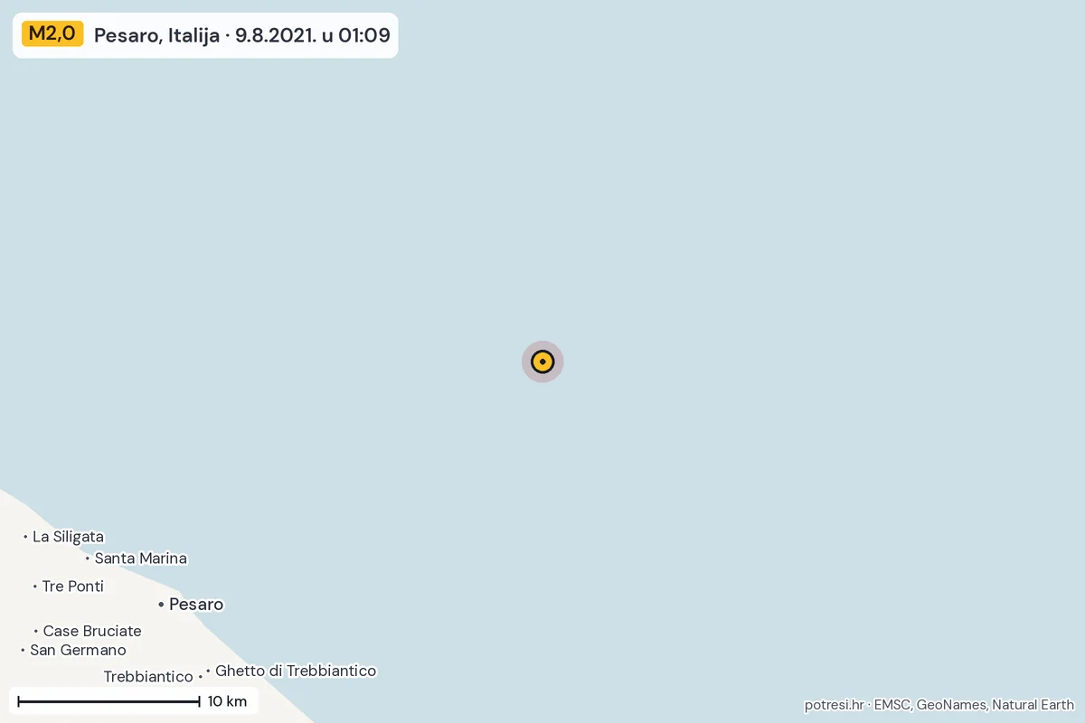Karta: okolica epicentra, 60 km, potres M2,0, Pesaro, Italija, 9.8.2021.