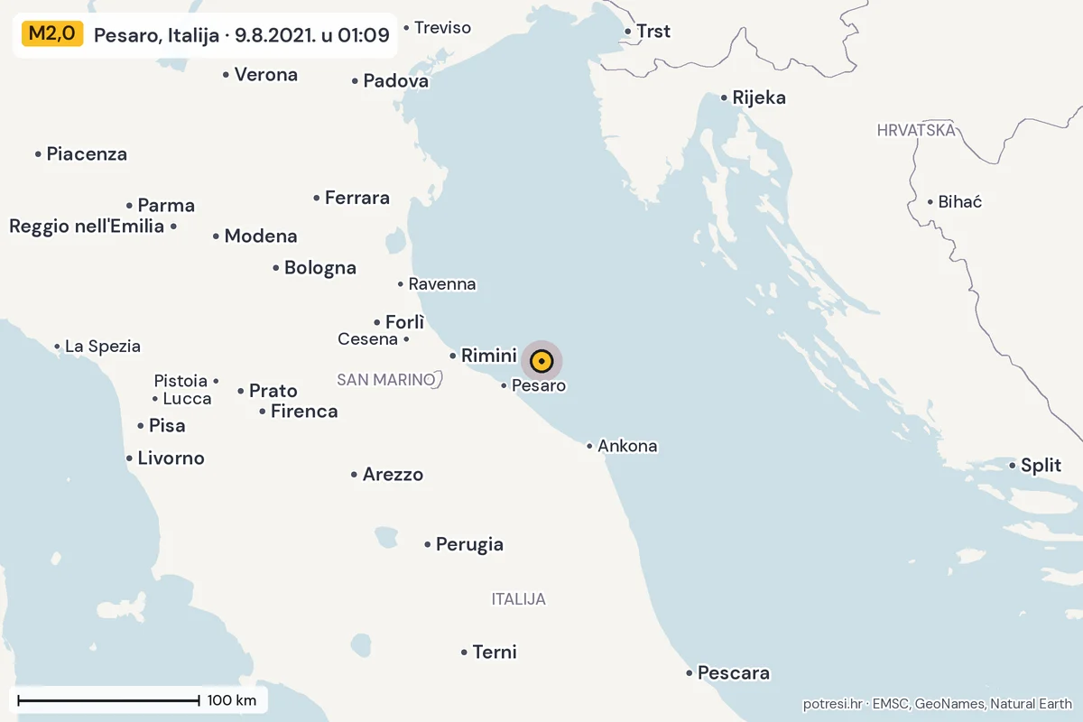 Karta: šire područje, 600 km, potres M2,0, Pesaro, Italija, 9.8.2021.