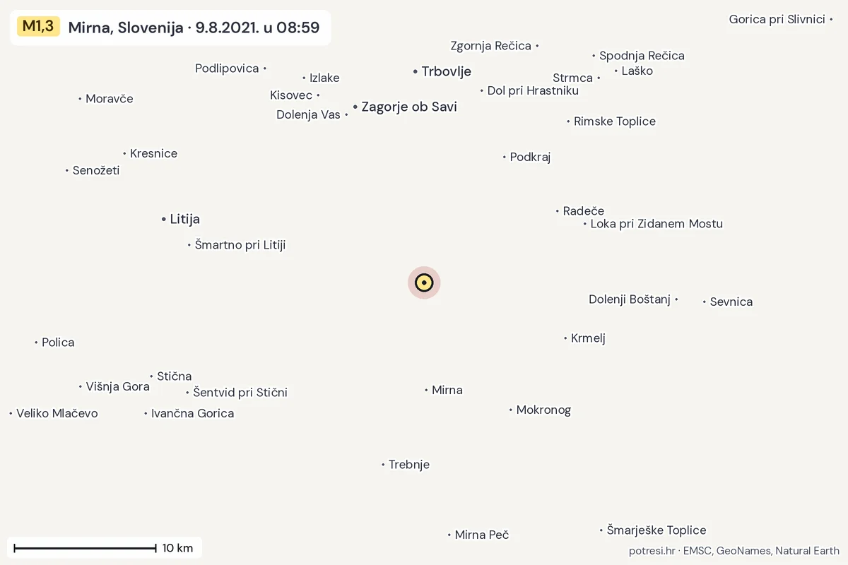 Karta: okolica epicentra, 60 km, potres M1,3, Mirna, Slovenija, 9.8.2021.