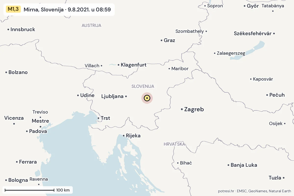 Karta: šire područje, 600 km, potres M1,3, Mirna, Slovenija, 9.8.2021.