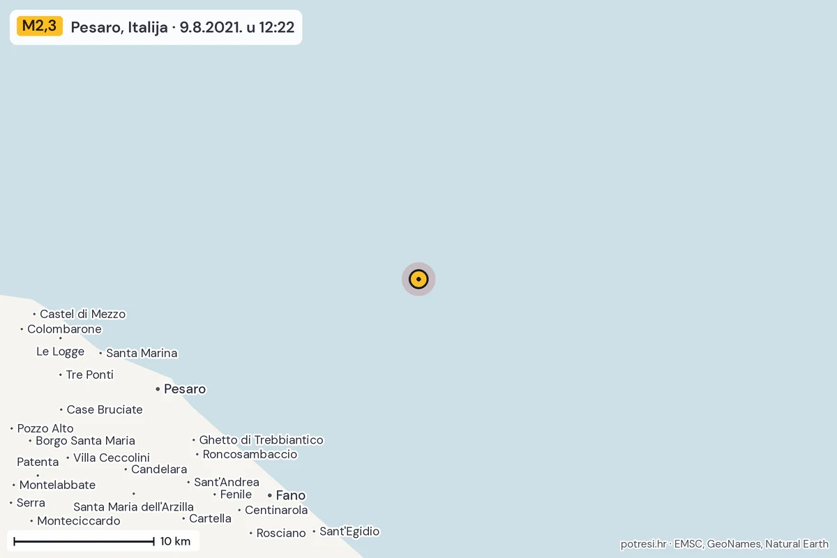 Karta: okolica epicentra, 60 km, potres M2,3, Pesaro, Italija, 9.8.2021.