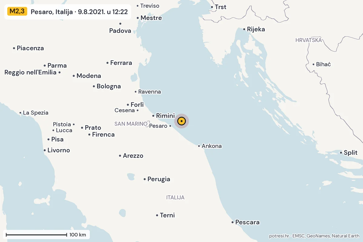 Karta: šire područje, 600 km, potres M2,3, Pesaro, Italija, 9.8.2021.