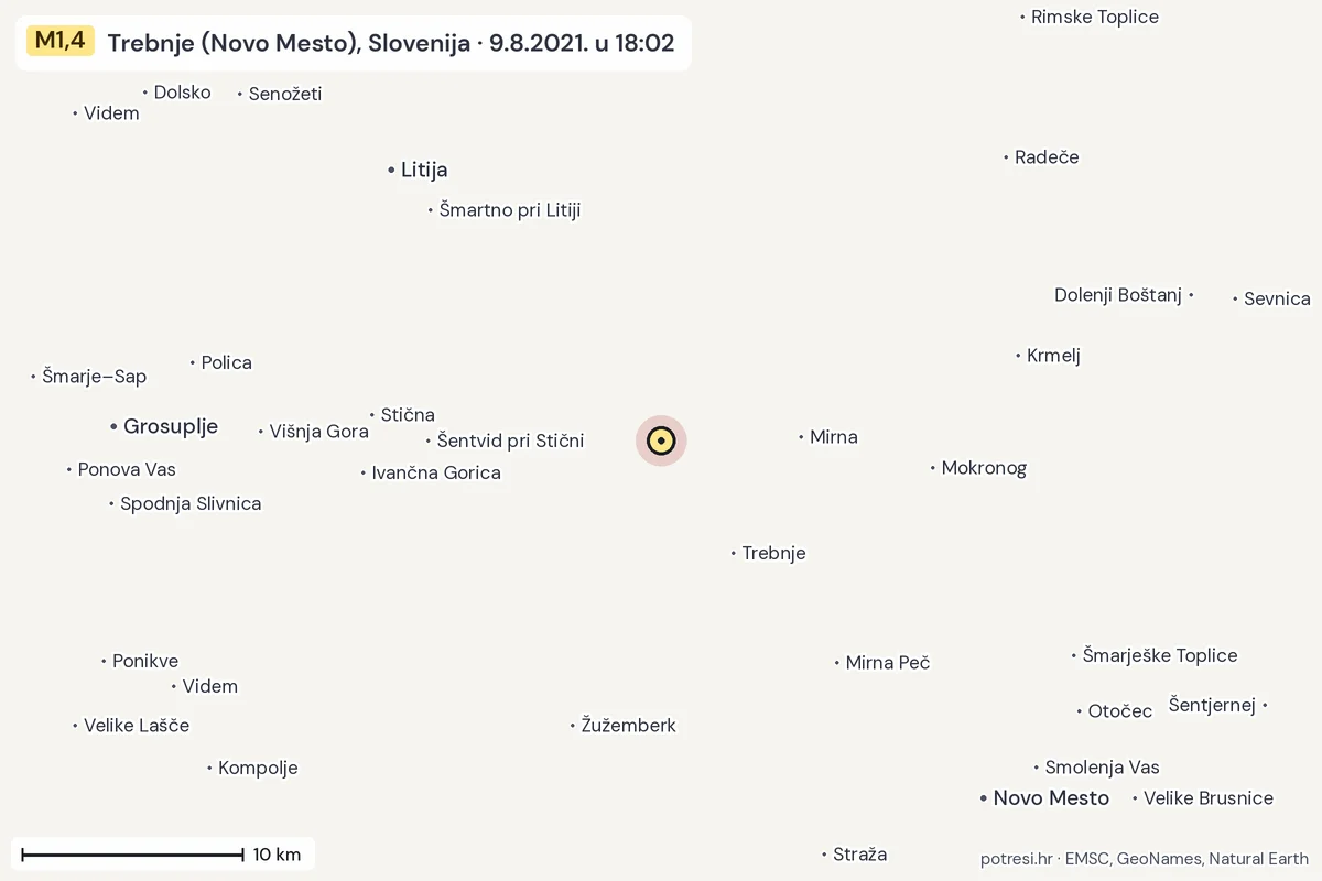 Karta: okolica epicentra, 60 km, potres M1,4, Trebnje (Novo Mesto), Slovenija, 9.8.2021.