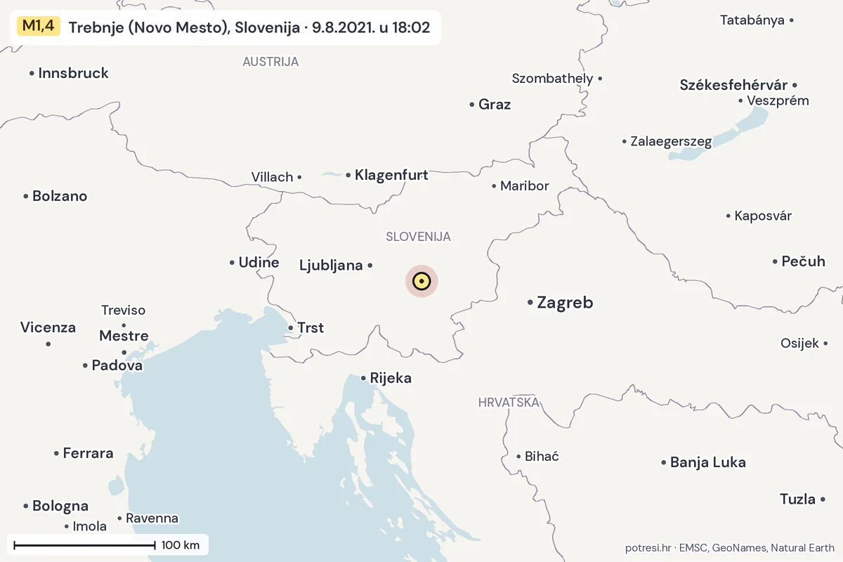 Karta: šire područje, 600 km, potres M1,4, Trebnje (Novo Mesto), Slovenija, 9.8.2021.