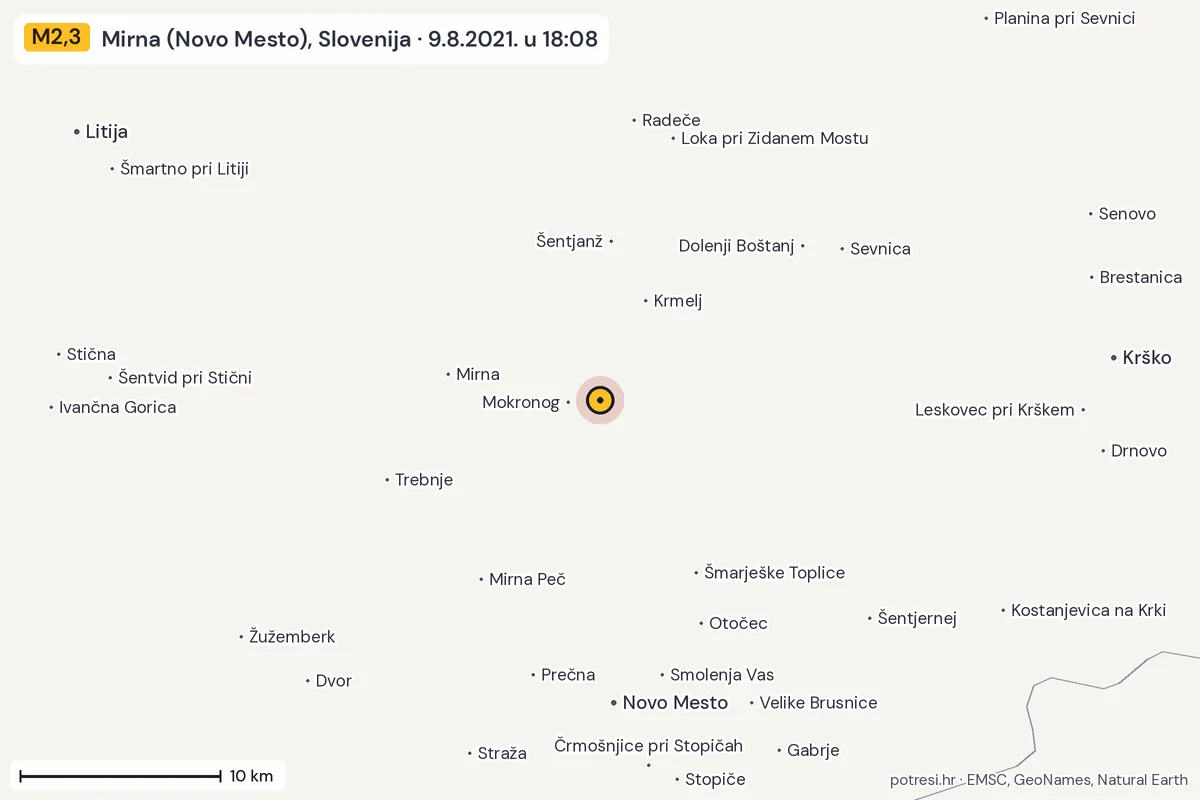 Karta: okolica epicentra, 60 km, potres M2,3, Mirna (Novo Mesto), Slovenija, 9.8.2021.