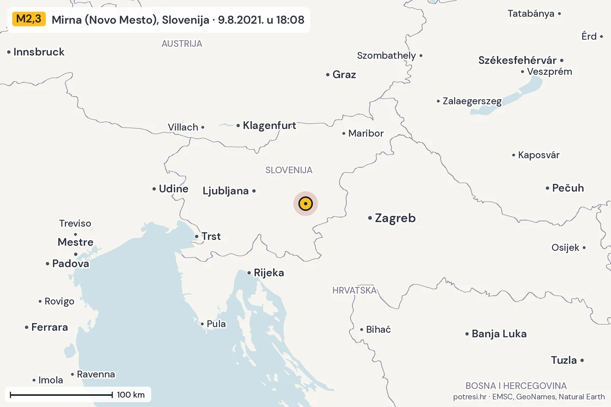 Karta: šire područje, 600 km, potres M2,3, Mirna (Novo Mesto), Slovenija, 9.8.2021.