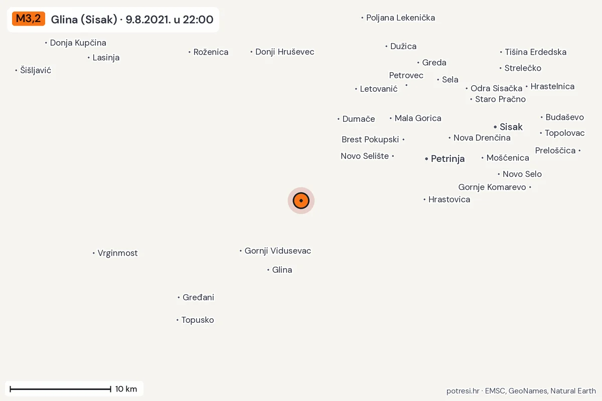 Karta: okolica epicentra, 60 km, potres M3,2, Glina (Sisak), 9.8.2021.