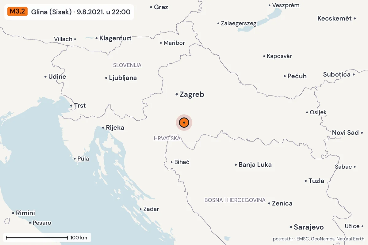 Karta: šire područje, 600 km, potres M3,2, Glina (Sisak), 9.8.2021.