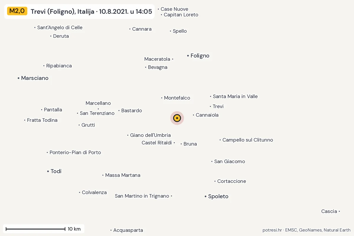 Karta: okolica epicentra, 60 km, potres M2,0, Trevi (Foligno), Italija, 10.8.2021.