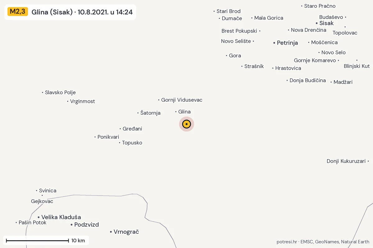 Karta: okolica epicentra, 60 km, potres M2,3, Glina (Sisak), 10.8.2021.