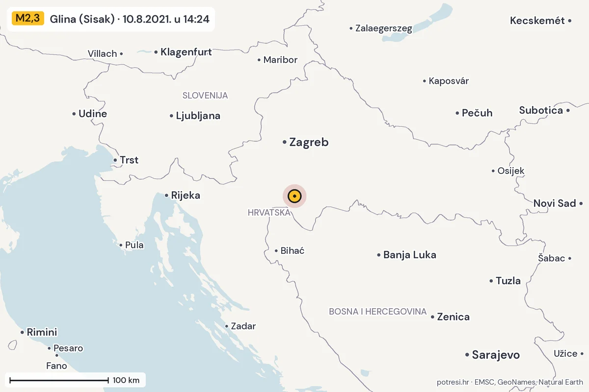 Karta: šire područje, 600 km, potres M2,3, Glina (Sisak), 10.8.2021.