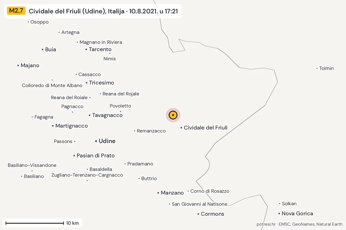 Karta: okolica epicentra, 60 km, potres M2,7, Cividale del Friuli (Udine), Italija, 10.8.2021.