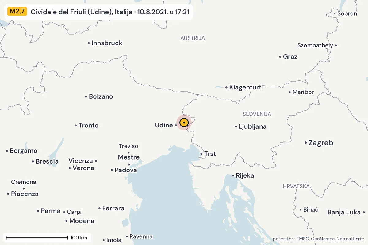 Karta: šire područje, 600 km, potres M2,7, Cividale del Friuli (Udine), Italija, 10.8.2021.