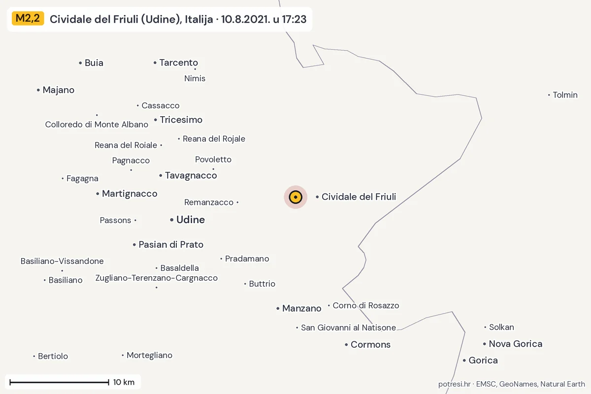 Karta: okolica epicentra, 60 km, potres M2,2, Cividale del Friuli (Udine), Italija, 10.8.2021.