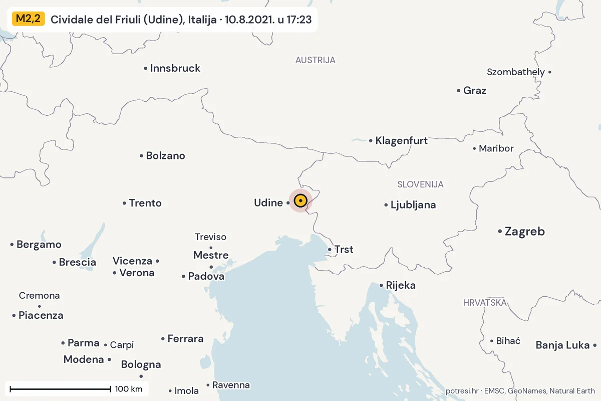 Karta: šire područje, 600 km, potres M2,2, Cividale del Friuli (Udine), Italija, 10.8.2021.