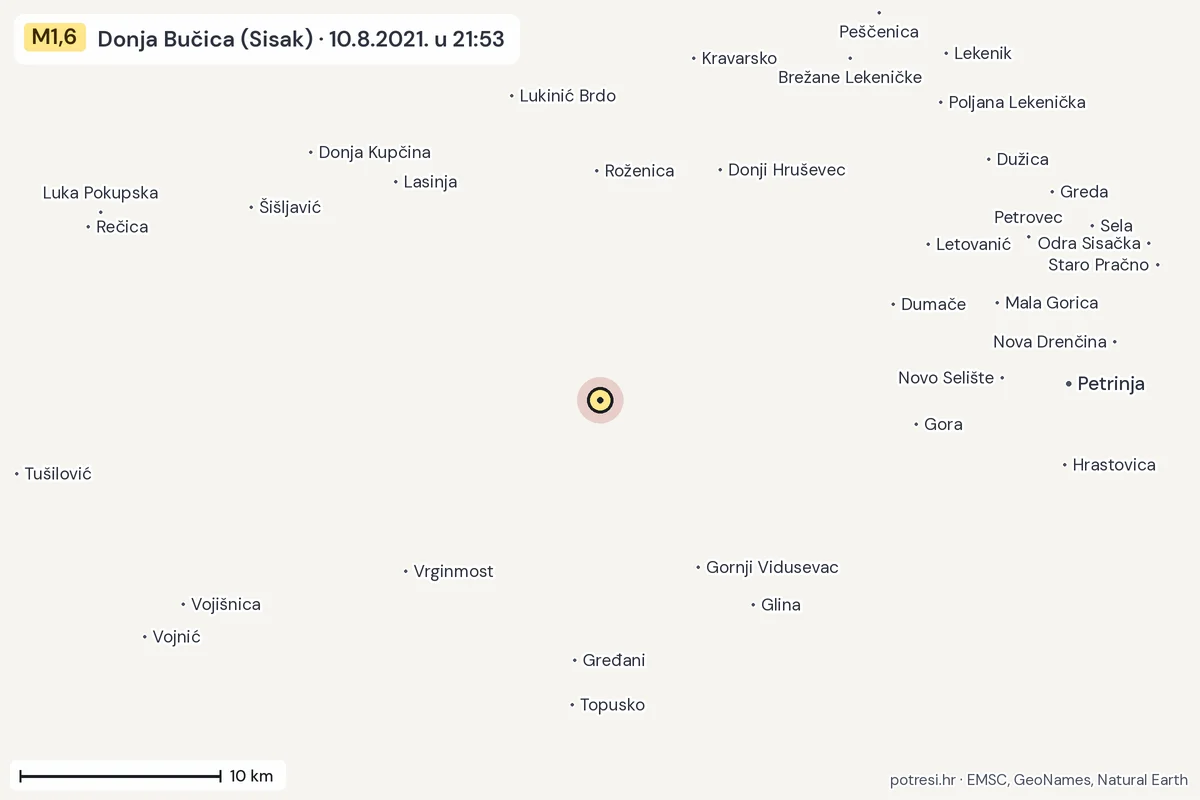 Karta: okolica epicentra, 60 km, potres M1,6, Donja Bučica (Sisak), 10.8.2021.