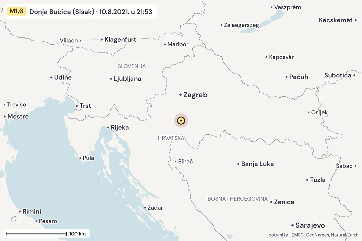 Karta: šire područje, 600 km, potres M1,6, Donja Bučica (Sisak), 10.8.2021.