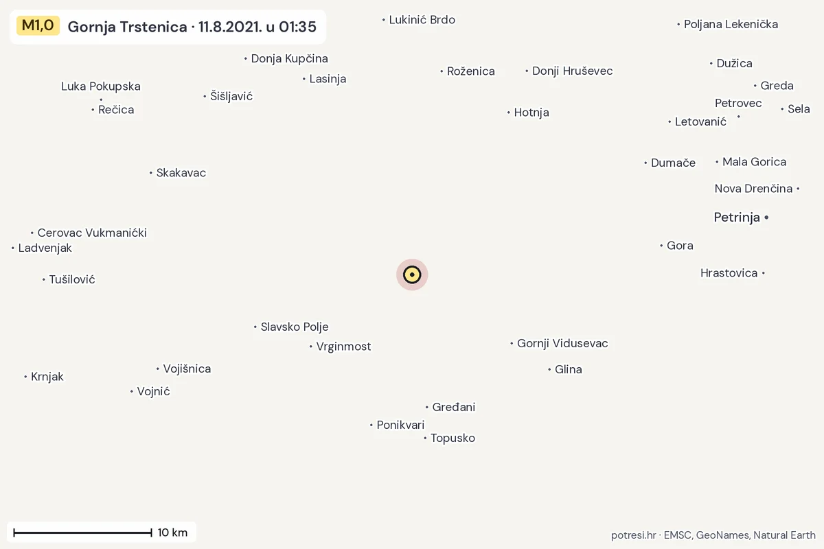 Karta: okolica epicentra, 60 km, potres M1,0, Gornja Trstenica, 11.8.2021.