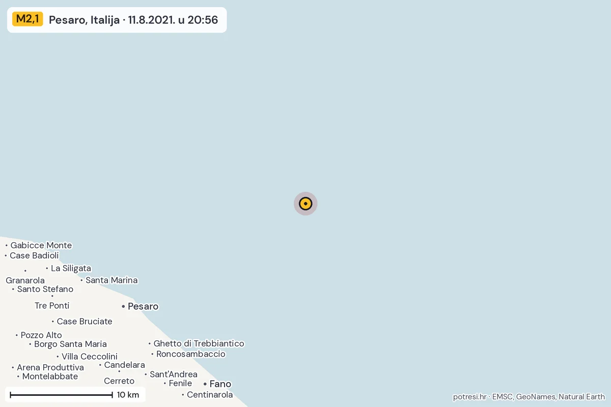 Karta: okolica epicentra, 60 km, potres M2,1, Pesaro, Italija, 11.8.2021.