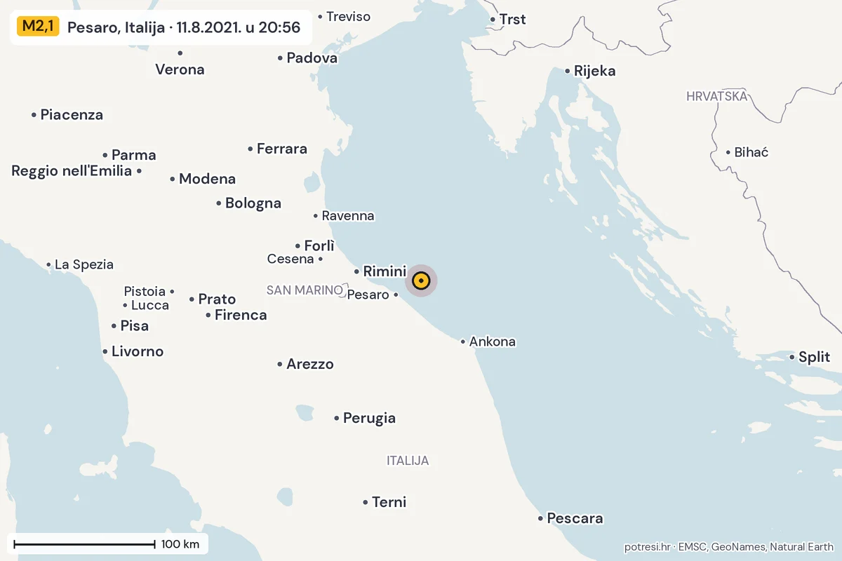 Karta: šire područje, 600 km, potres M2,1, Pesaro, Italija, 11.8.2021.