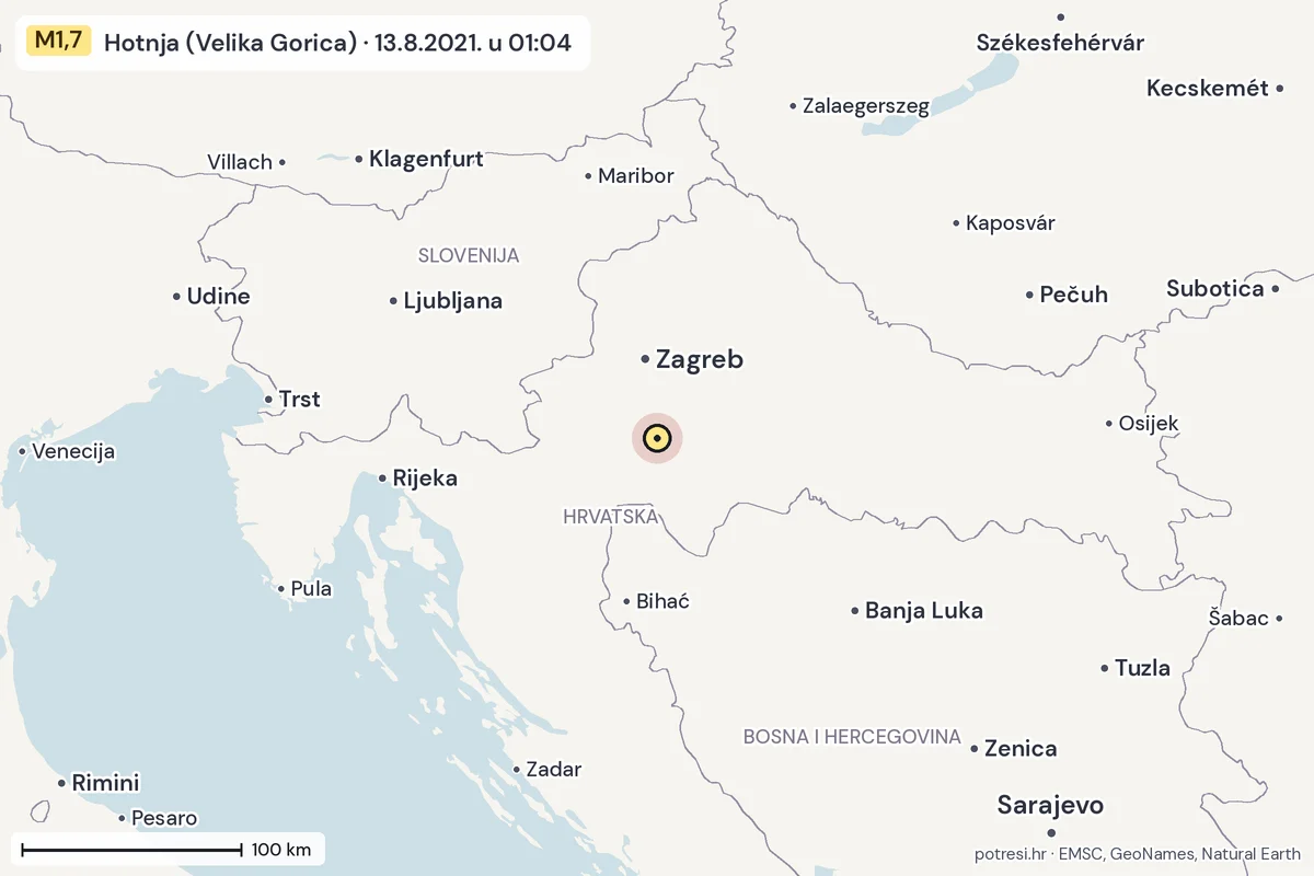 Karta: šire područje, 600 km, potres M1,7, Hotnja (Velika Gorica), 13.8.2021.
