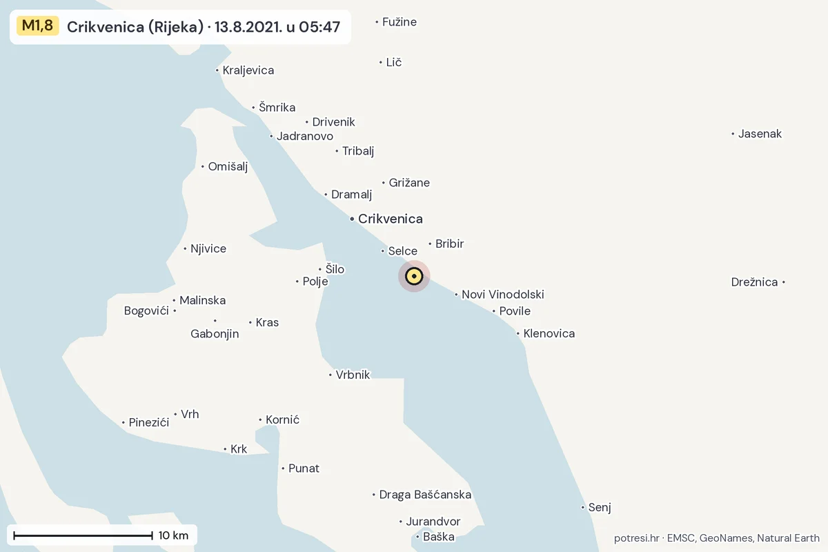 Karta: okolica epicentra, 60 km, potres M1,8, Crikvenica (Rijeka), 13.8.2021.
