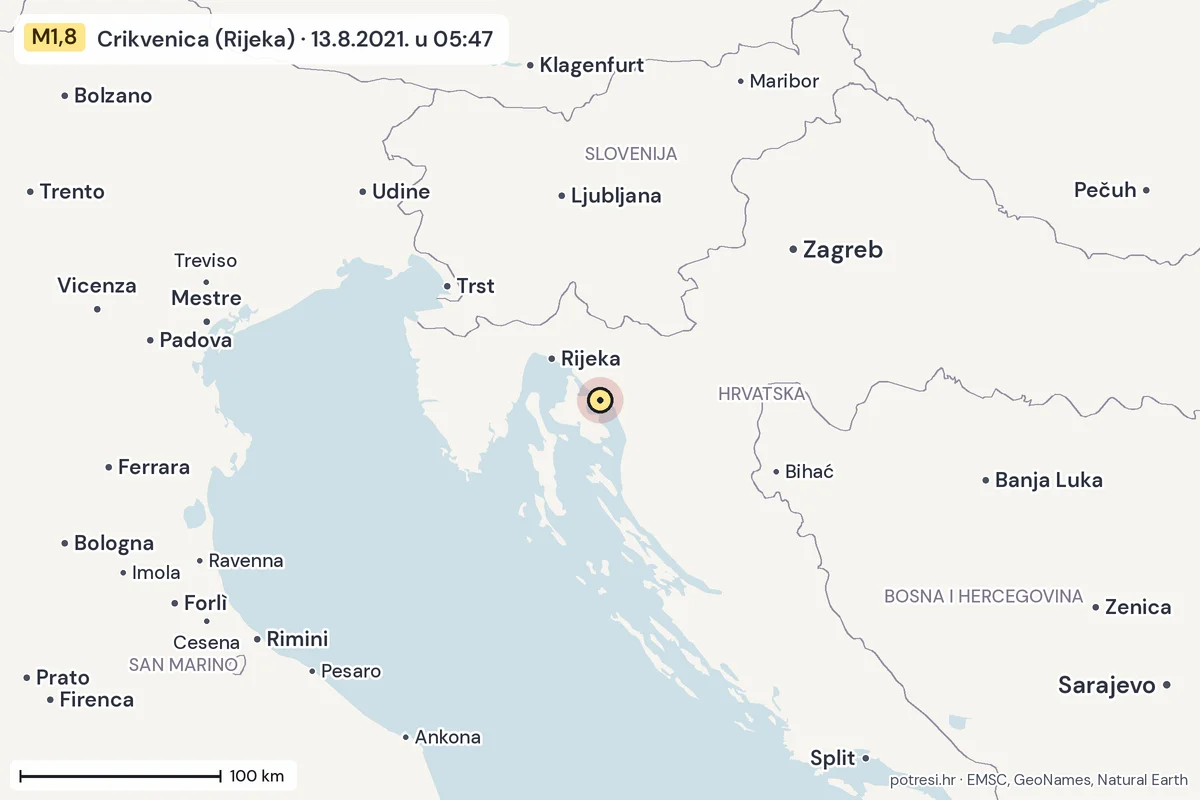 Karta: šire područje, 600 km, potres M1,8, Crikvenica (Rijeka), 13.8.2021.