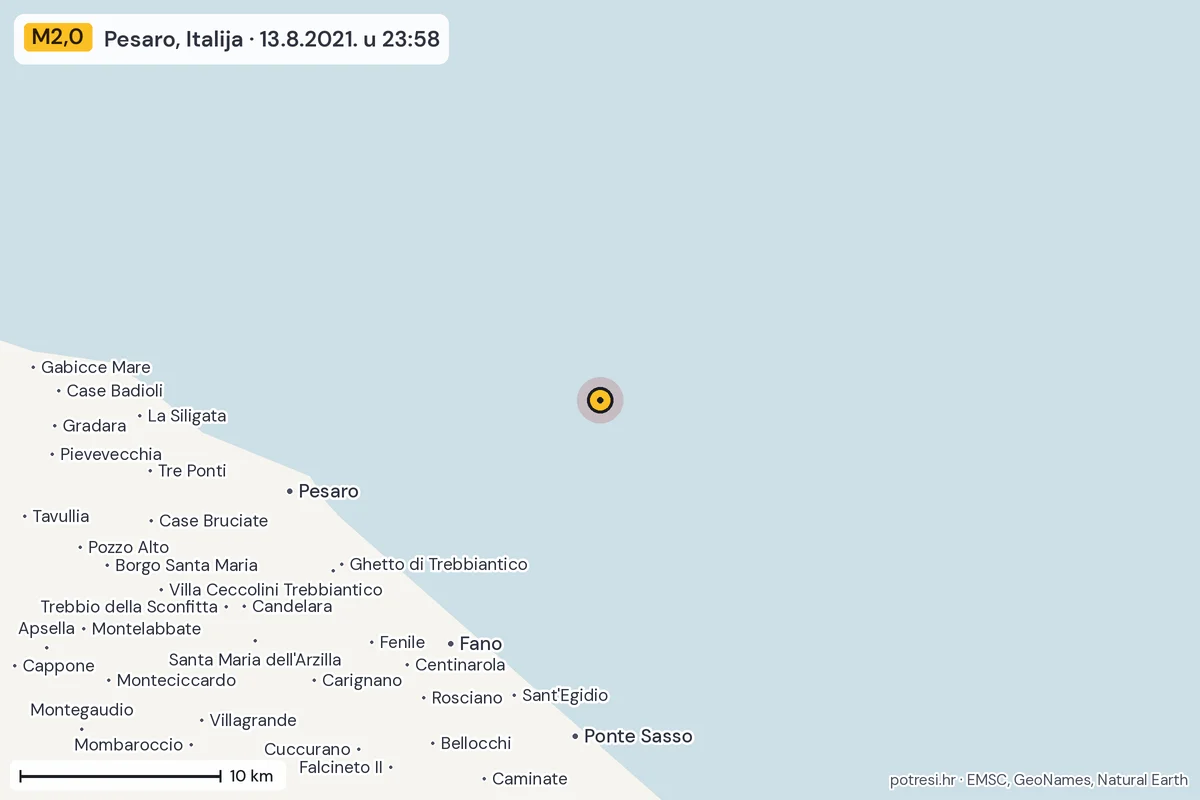 Karta: okolica epicentra, 60 km, potres M2,0, Pesaro, Italija, 13.8.2021.