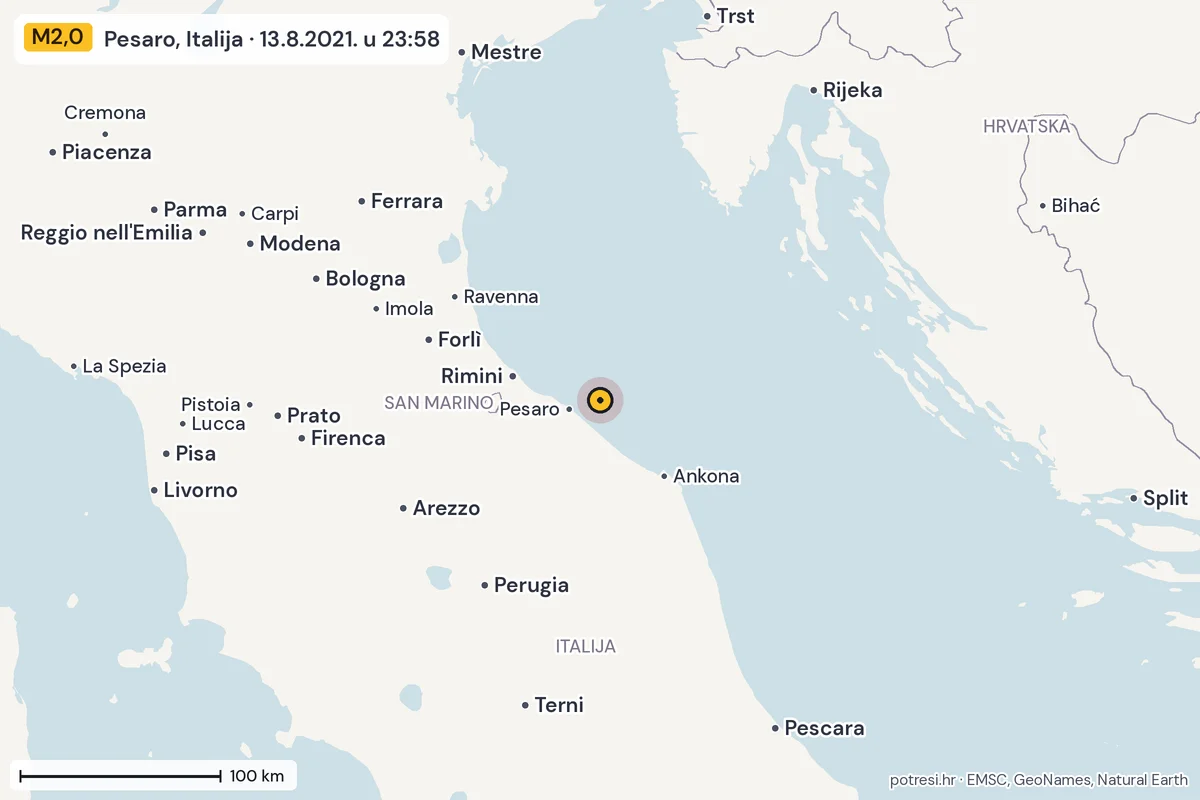 Karta: šire područje, 600 km, potres M2,0, Pesaro, Italija, 13.8.2021.