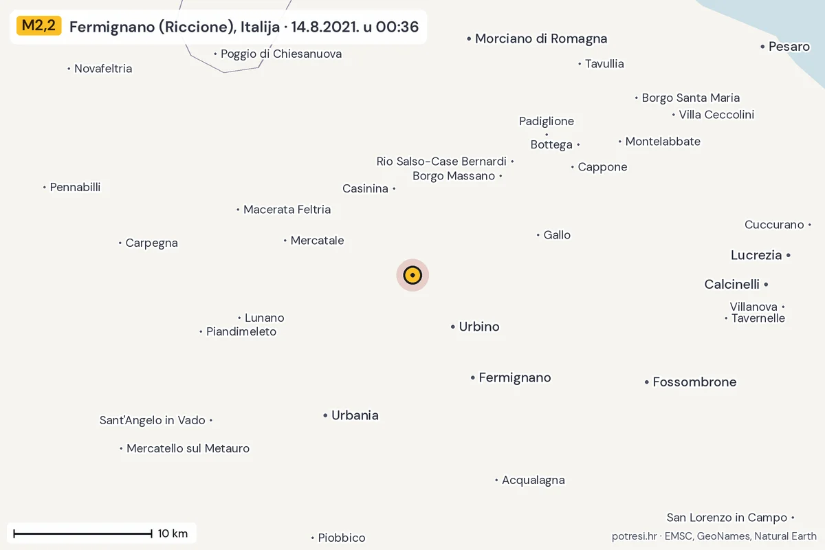 Karta: okolica epicentra, 60 km, potres M2,2, Fermignano (Riccione), Italija, 14.8.2021.