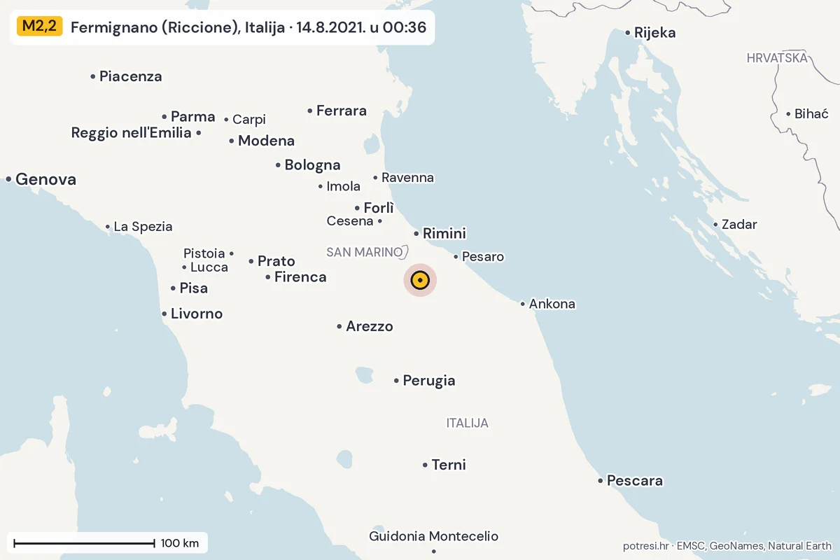 Karta: šire područje, 600 km, potres M2,2, Fermignano (Riccione), Italija, 14.8.2021.