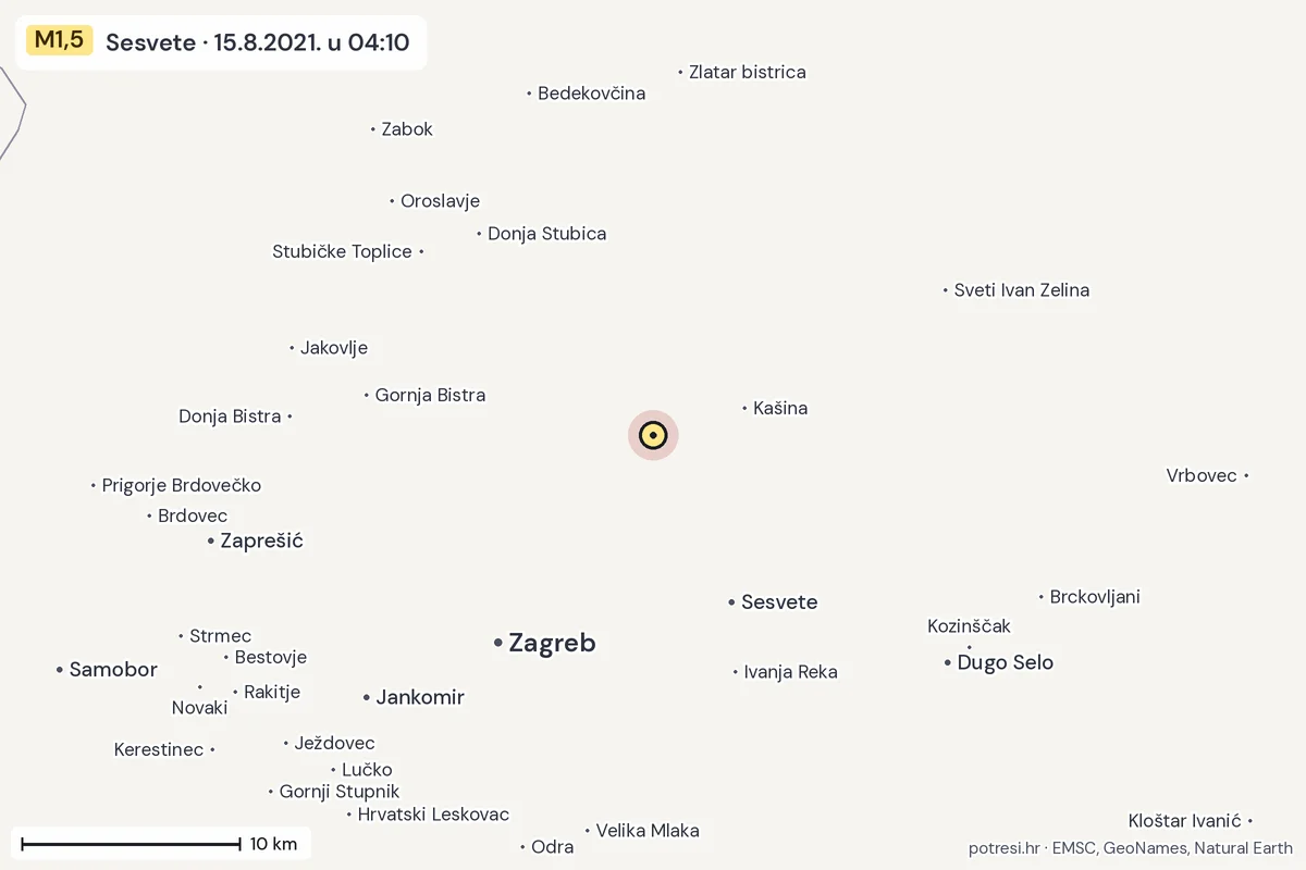 Karta: okolica epicentra, 60 km, potres M1,5, Sesvete, 15.8.2021.