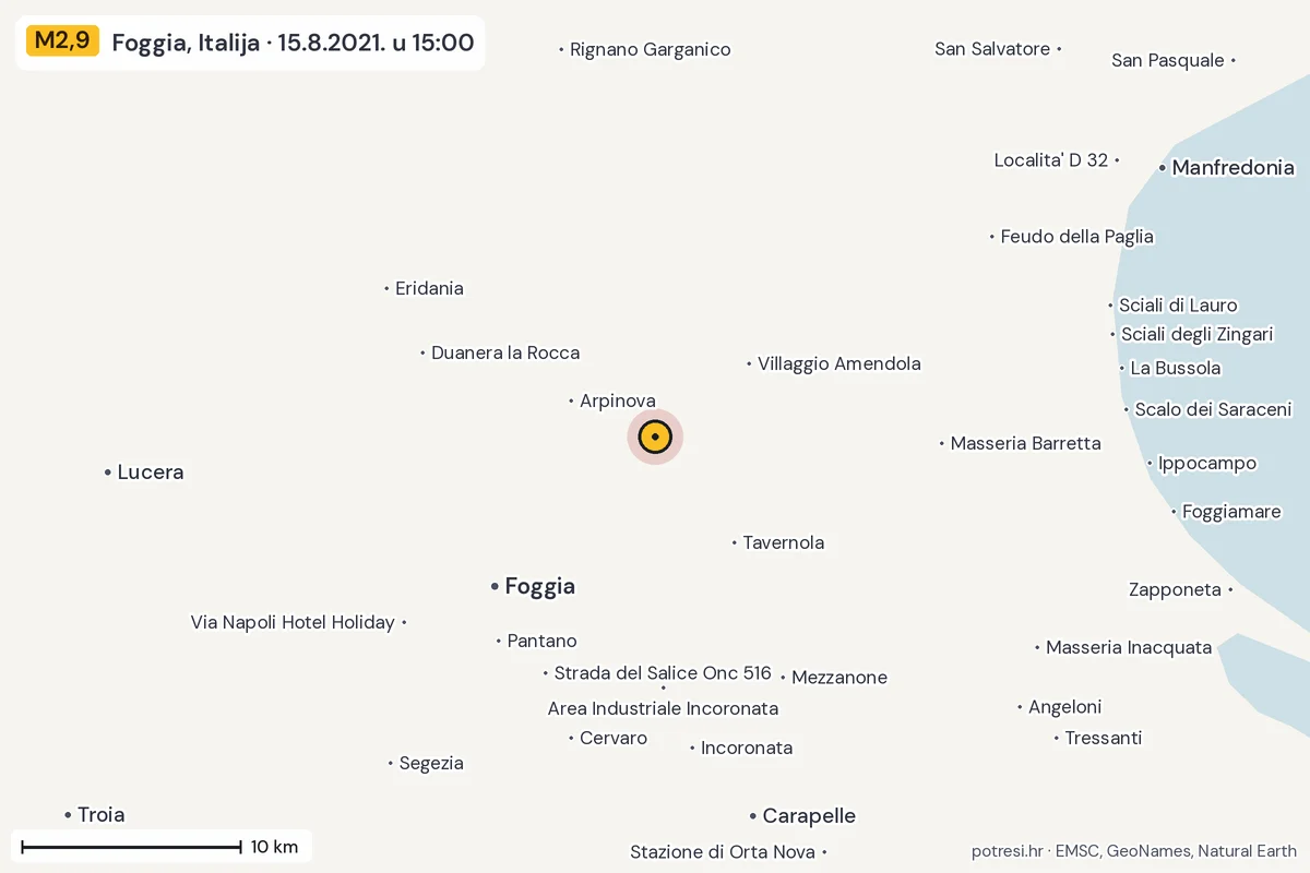 Karta: okolica epicentra, 60 km, potres M2,9, Foggia, Italija, 15.8.2021.