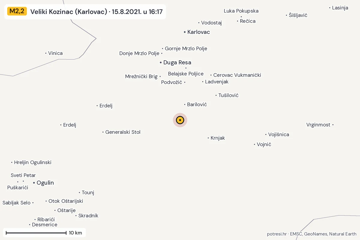 Karta: okolica epicentra, 60 km, potres M2,2, Veliki Kozinac (Karlovac), 15.8.2021.