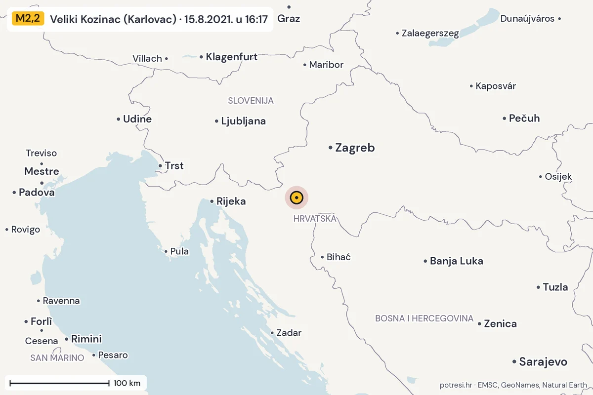Karta: šire područje, 600 km, potres M2,2, Veliki Kozinac (Karlovac), 15.8.2021.
