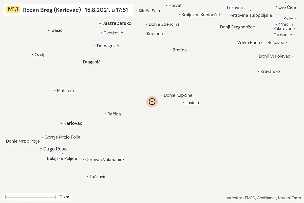 Karta: okolica epicentra, 60 km, potres M1,1, Rozan Breg (Karlovac), 15.8.2021.