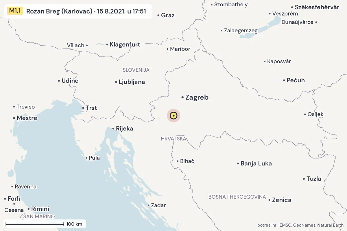 Karta: šire područje, 600 km, potres M1,1, Rozan Breg (Karlovac), 15.8.2021.