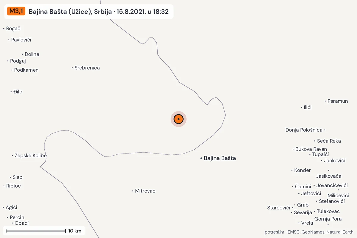 Karta: okolica epicentra, 60 km, potres M3,1, Bajina Bašta (Užice), Srbija, 15.8.2021.