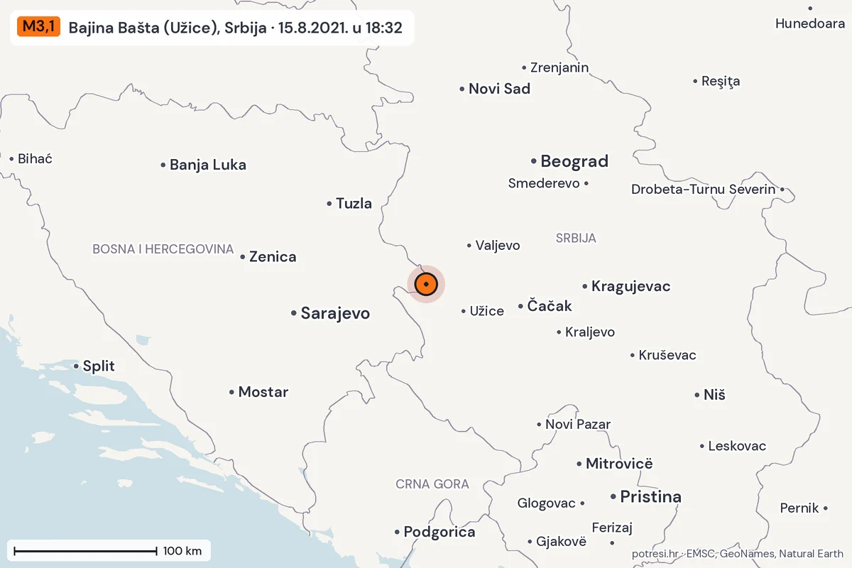 Karta: šire područje, 600 km, potres M3,1, Bajina Bašta (Užice), Srbija, 15.8.2021.
