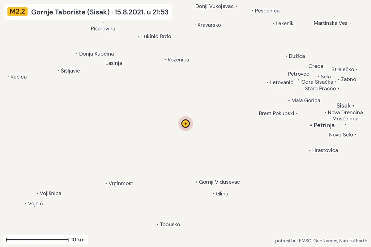 Karta: okolica epicentra, 60 km, potres M2,2, Gornje Taborište (Sisak), 15.8.2021.