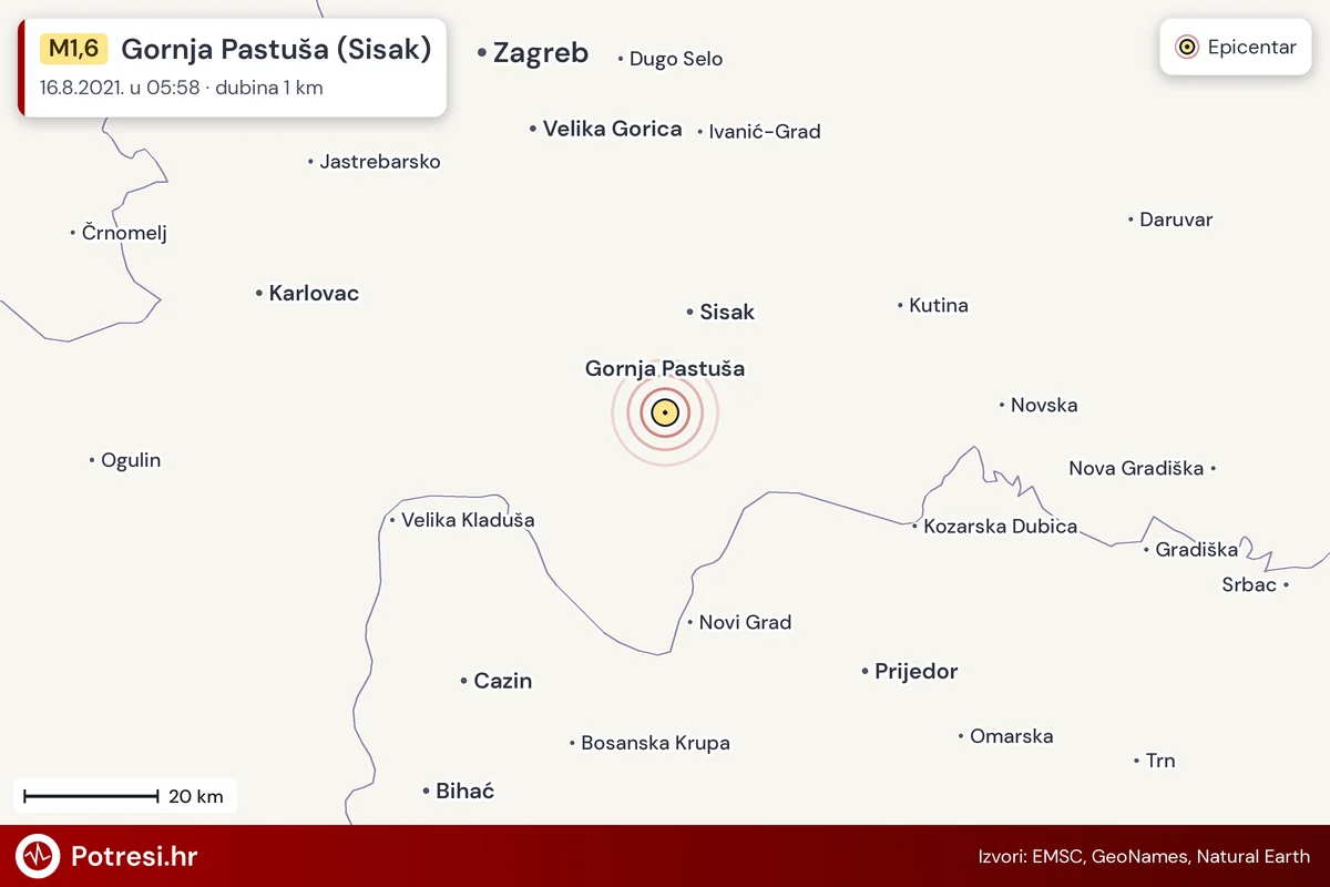 Karta: šire područje i vjerojatni doseg osjeta, potres M1,6, Gornja Pastuša (Sisak), 16.8.2021.