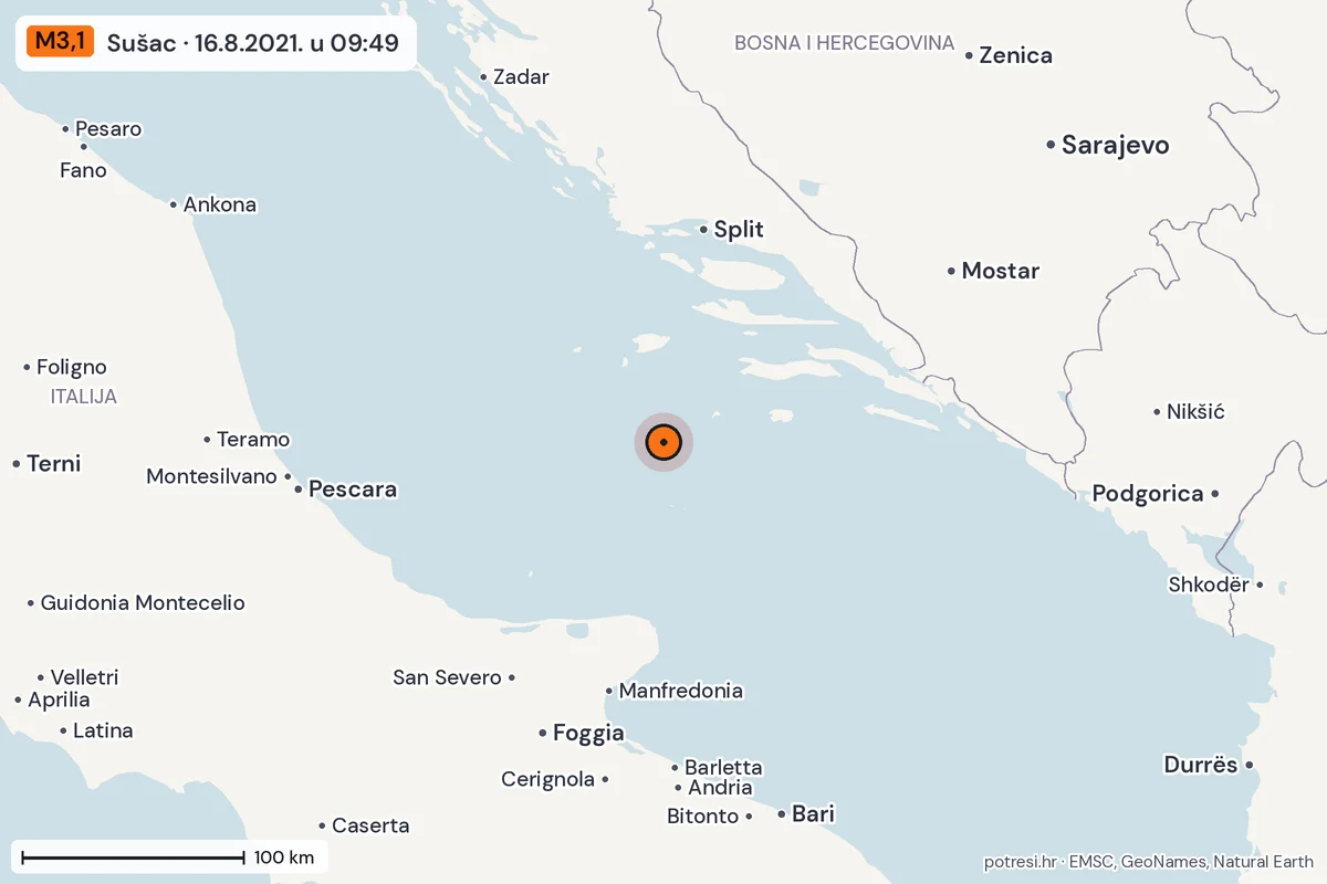 Karta: šire područje, 600 km, potres M3,1, Sušac, 16.8.2021.