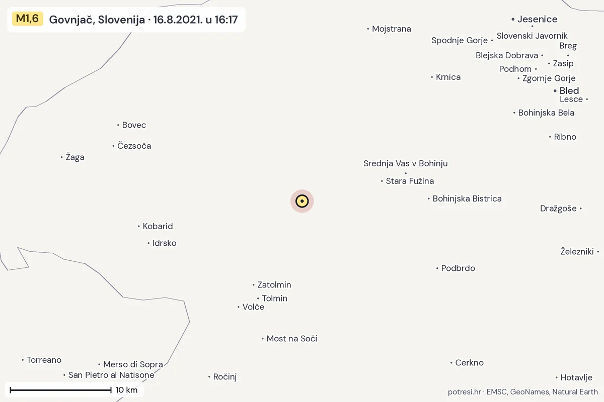 Karta: okolica epicentra, 60 km, potres M1,6, Govnjač, Slovenija, 16.8.2021.